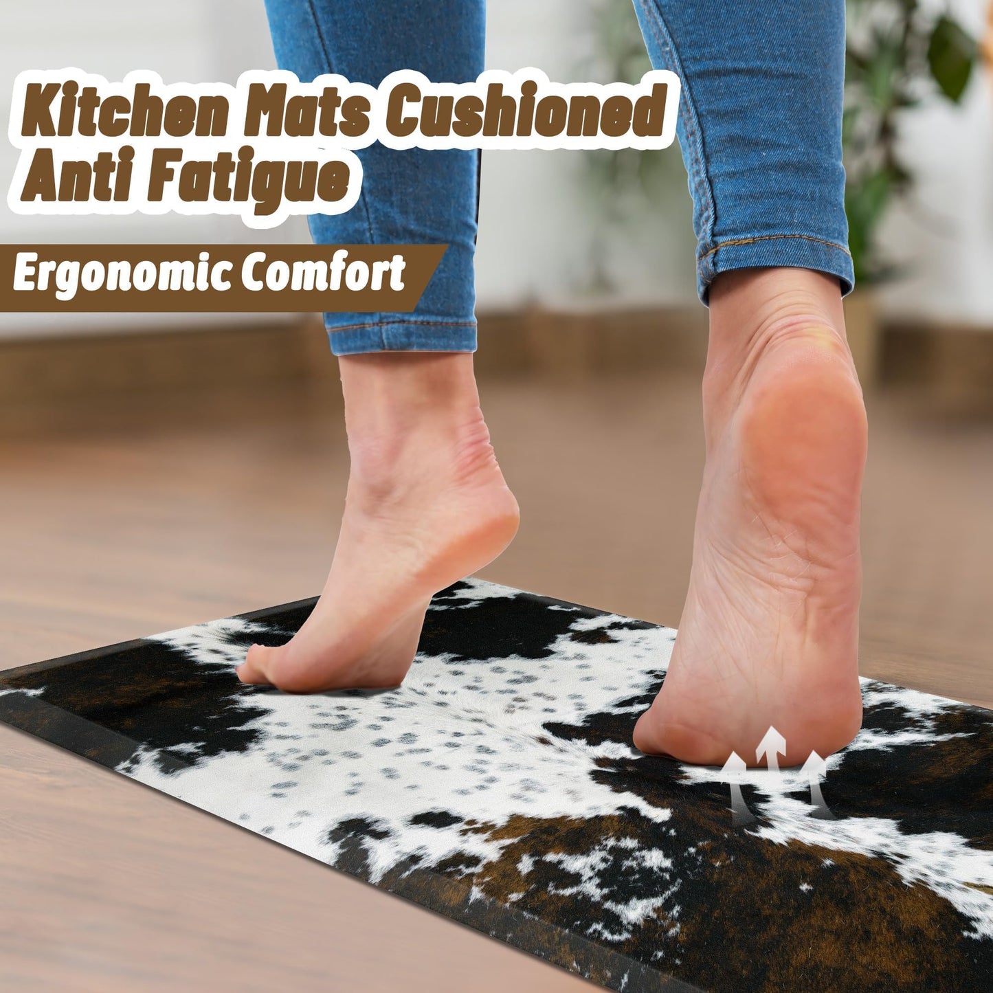 Tyrot Cowhide Kitchen Mat Cushioned Anti Fatigue - 1/2 Inch Thick Western Cow Kitchen Mats for Floor, Non Slip PVC Waterproof Standing Desk Ergonomic Comfort Rugs for Sink, Office, Laundry, 17.3x47