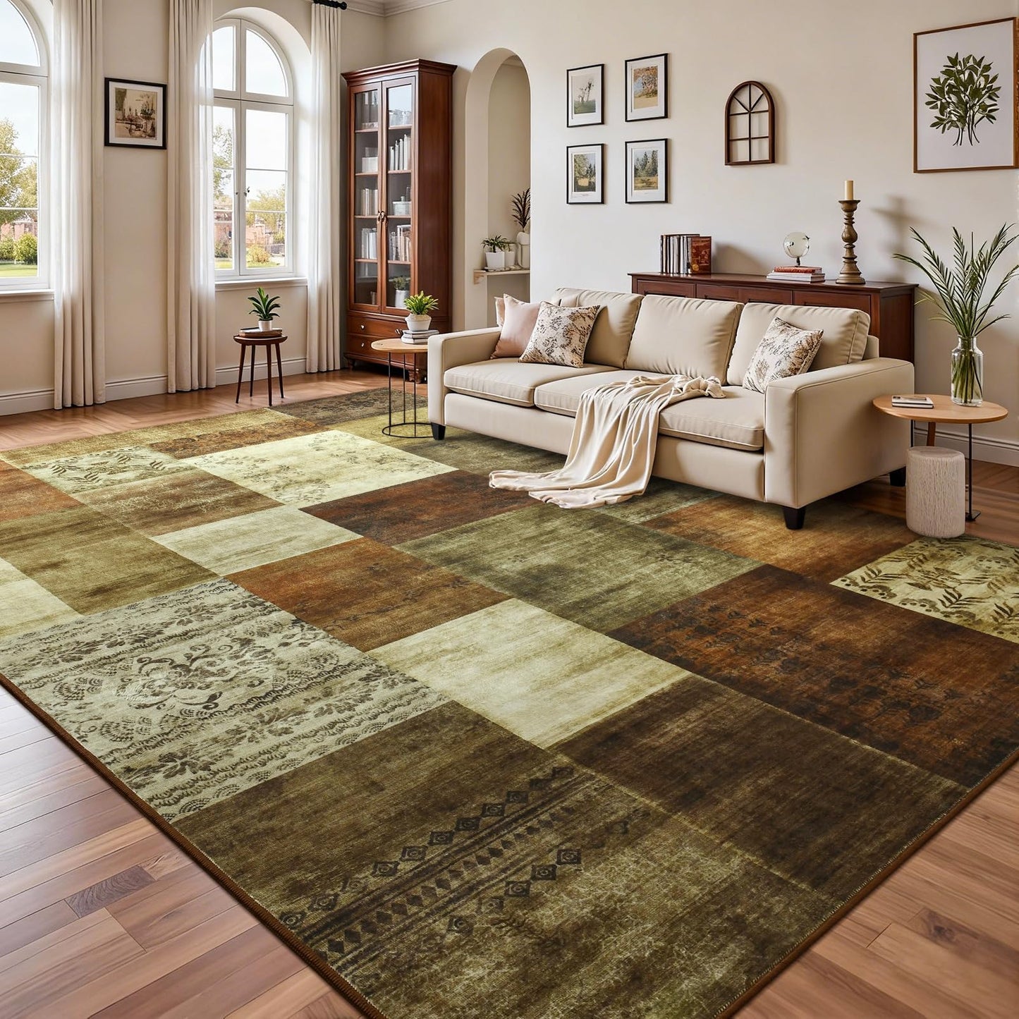 DweIke Washable Area Rugs 6x9 for Living Room, Large Modern Geometric Brown Soft Patchwork Carpet, Non-Slip Stain Resistant Throw Rug for Bedroom Dining Room Office Home Decor