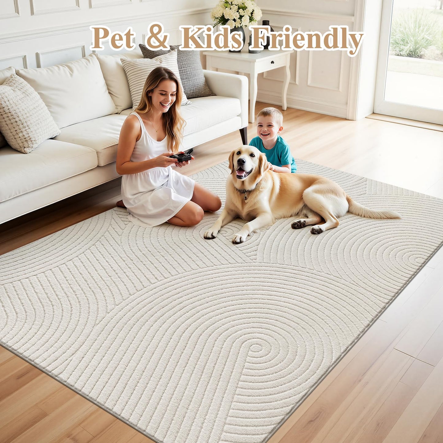 U'Artlines 5x7ft Washable Area Rug for Living Room, Minimalist Modern High-Low Pile Rug for Bedroom, Non Slip Soft Cozy Fluffy Large Carpet for Dining Area, Kids Nursery Room
