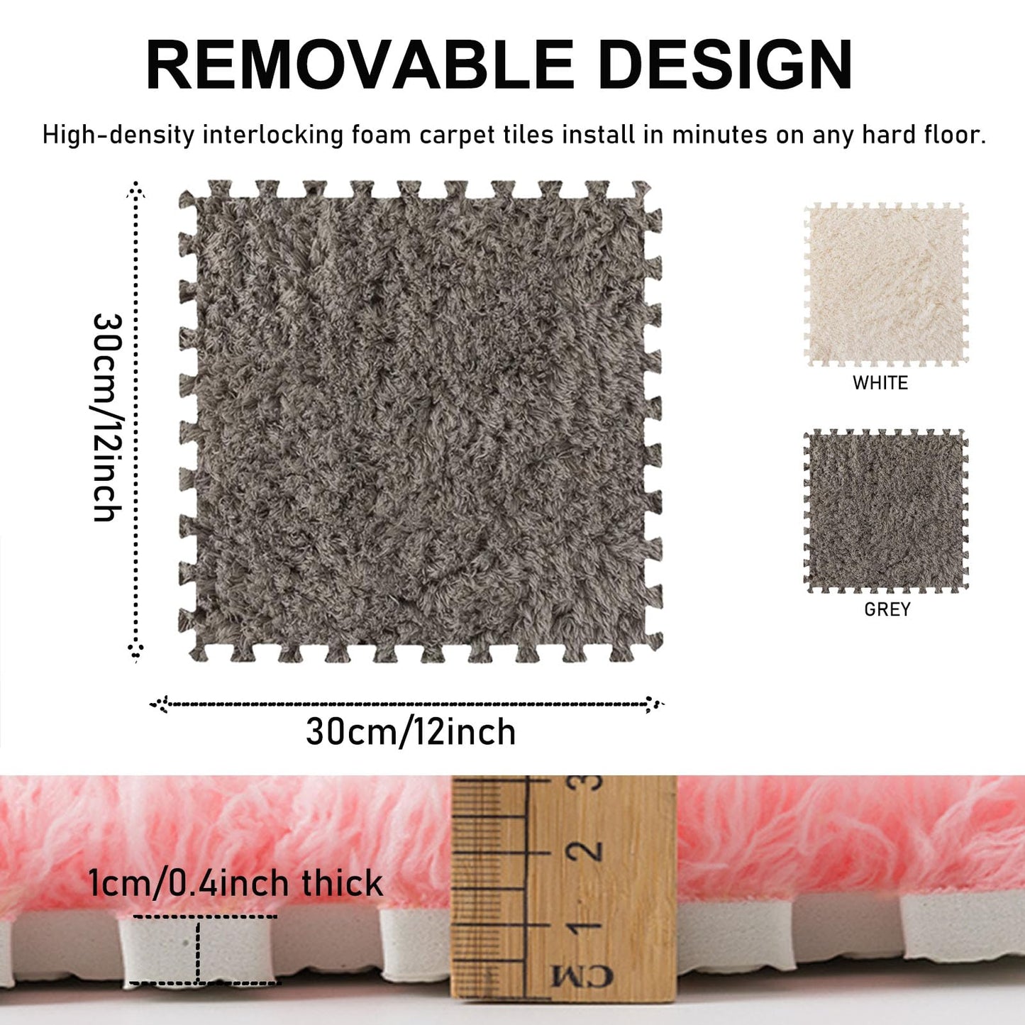 Thickened Plush Foam Interlocking Floor Carpet Mat,24 Piece 12x12in Fluffy Square Puzzle Foam Carpet Tiles with Edgings,Soft Anti-Slip Shaggy Area Rug Playmat(Color:Grey+White)