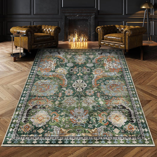 RUGSURE Washable Area Rugs - Perfect for Living Room, Bedroom, Kids Room, Nursery - Stain & Water Resistant Non-Slip, Pet & Child Friendly, Vintage Tribal Area Rugs (Green, 3' x 5 ')
