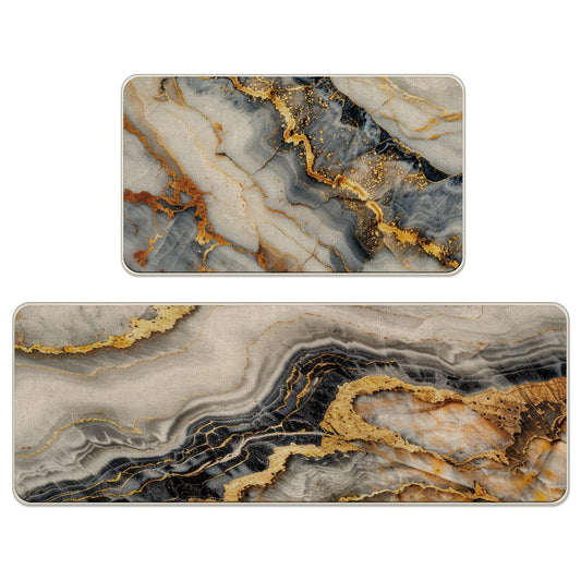 Livcoz Black White Gold Marble Texture Kitchen Rugs Set of 2, Modern Abstract Fluid Art Floor Mats Home Decor, Luxury Stone Door Mat Decorations - 17x29 and 17x47 Inches
