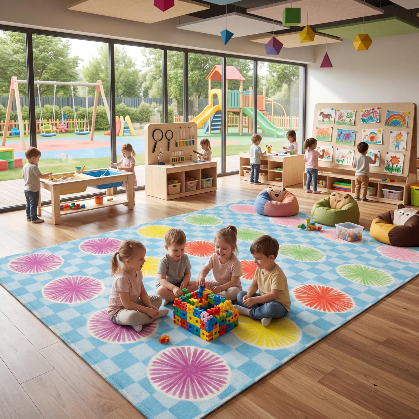 Breling Classroom Carpets Playmat Rugs 6x9 ft Kids Classroom Rugs with Rubber Backing Circles Children's Seating Nursery Play Mat for Preschool Elementary Playroom Kindergarten