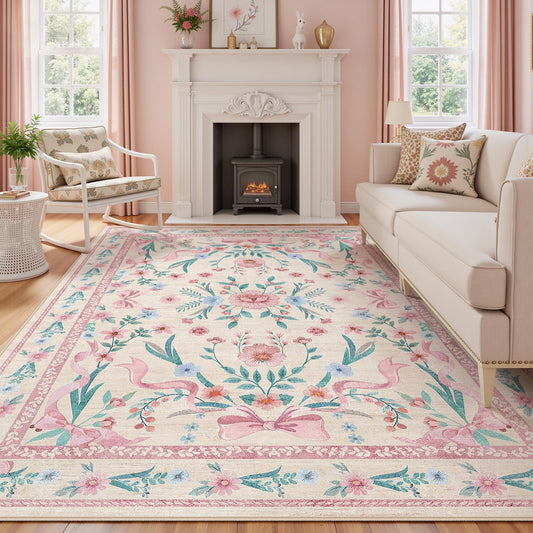 Kiginara Coquette Pink Bow Rug 5x7, Washable Floral Area Rug for Girls Bedroom & Nursery, Soft Low Pile Non Slip Carpet for Kids Room, Dorm, Playroom, Living Room
