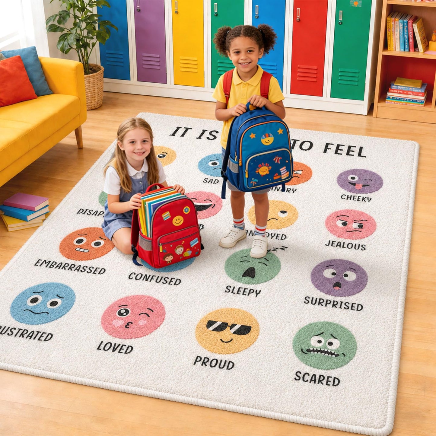 3.3x4 ft Calming Corner Items Calm Corner Classroom Rug Feelings Chart Emotion Area Rug Back to School Floor Mat Soft Fluffy Mental Health Non-Slip Play Carpet for Nursery Playroom Bedroom Living Room