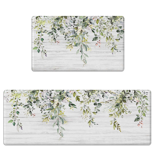 Zussun Kitchen Rug Mats for Floor Cushioned Anti Fatigue Green Eucalyptus Kitchen Rugs Sets of 2 Farmhouse Non Slip Waterproof Comfort Memory Foam Standing Floor Mat for Office Laundry Sink Desk