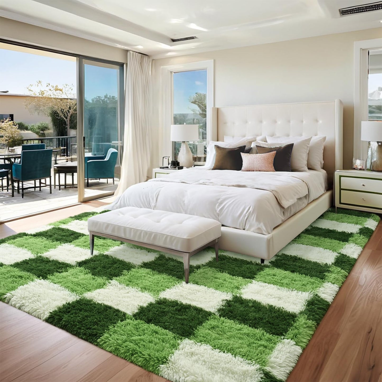 FALARK Fluffy Deep Green White Rugs for Bedroom, 4x6 Feet Checkered Rug for Living Room, Cute Shag Carpet for Kids Girls Room Nursery, Soft Shaggy Modern Indoor Carpets for Home Decor