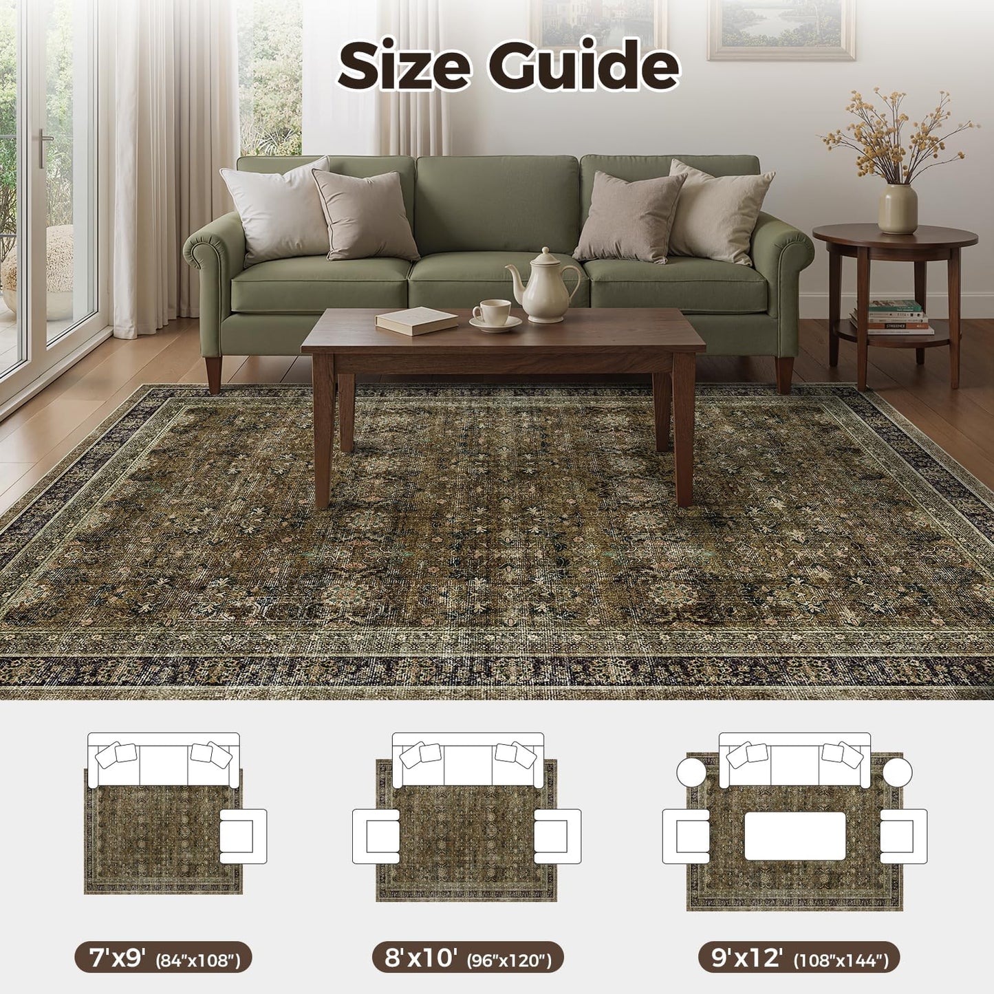 WITSHOCK 7x9 Area Rugs for Living Room: Boho Modern Dark Vintage Traditional Distressed, Washable Low Pile Non-Slip Carpet for Dining Room Bedroom Nursery Kids Playroom, Brown Olive Green