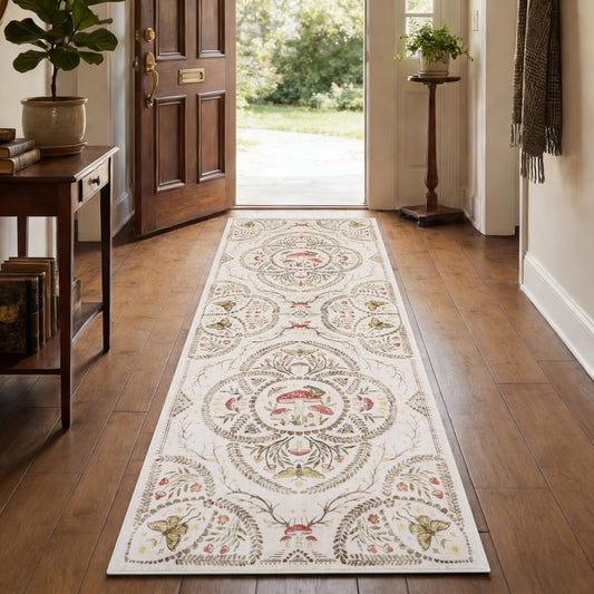 Garvee Mushroom 2.5x8 Runner Rug for Hallway, Dark Academia Gothic Rugs, Non Slip Washable Low Pile Kitchen Carpet with Rubber, Bug Entryway Rugs Stain Resistant for Bedroom Laundry Room, Beige