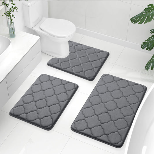 OLANLY Memory Foam Bath Mat Set of 3 Piece, Bathroom Rugs and Toilet Rug U-Shaped, Ultra Soft and Absorbent, Comfortable, Non-Slip, Machine Washable, Shower and Home Decor Accessories, Dark Grey