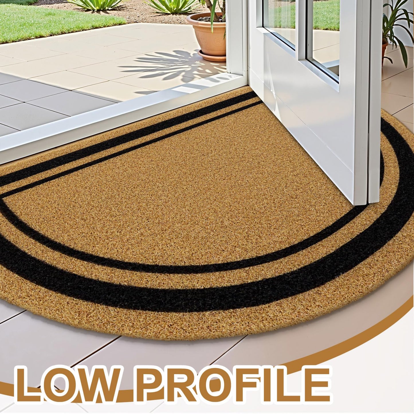 OLANLY Half Circle Front Door Mat, Low Profile Doormat, Stain and Fade Resistant, Easy to Clean, for Indoor and Outdoor Entrances, Patio Porch or Entryway, Brown (30x17 Inch, Classic Border)