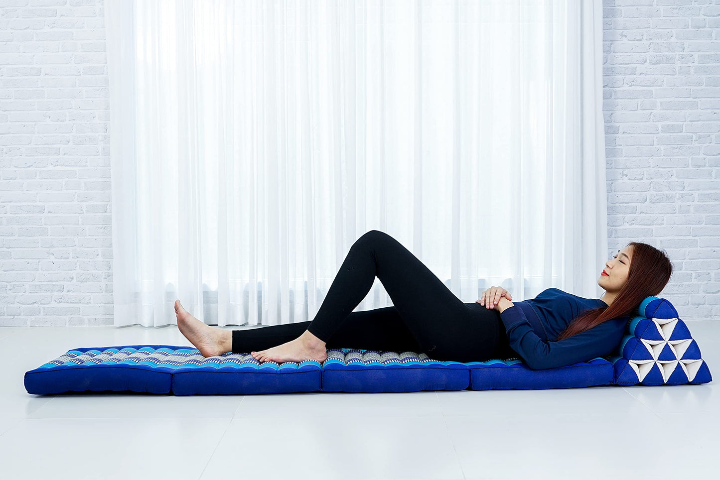Leewadee Comfortable Japanese Floor Mattress - Thai Floor Bed with Triangle Cushion - Futon Mattress - XL Extra Long Thai Massage Mat, 89 x 20 inches, Blue, Kapok Filling