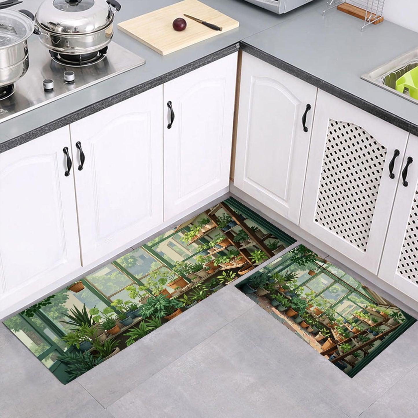 Greenhouse Potted Plants Kitchen Rug, Waterproof Non-Slip Realistic Green Plants 2PCS Kitchen Floor Mat, Anti-Fatigue Standing Green Mats and Rugs Set, for Home Sink Laundry Hallway 20"x59"+20"x31"