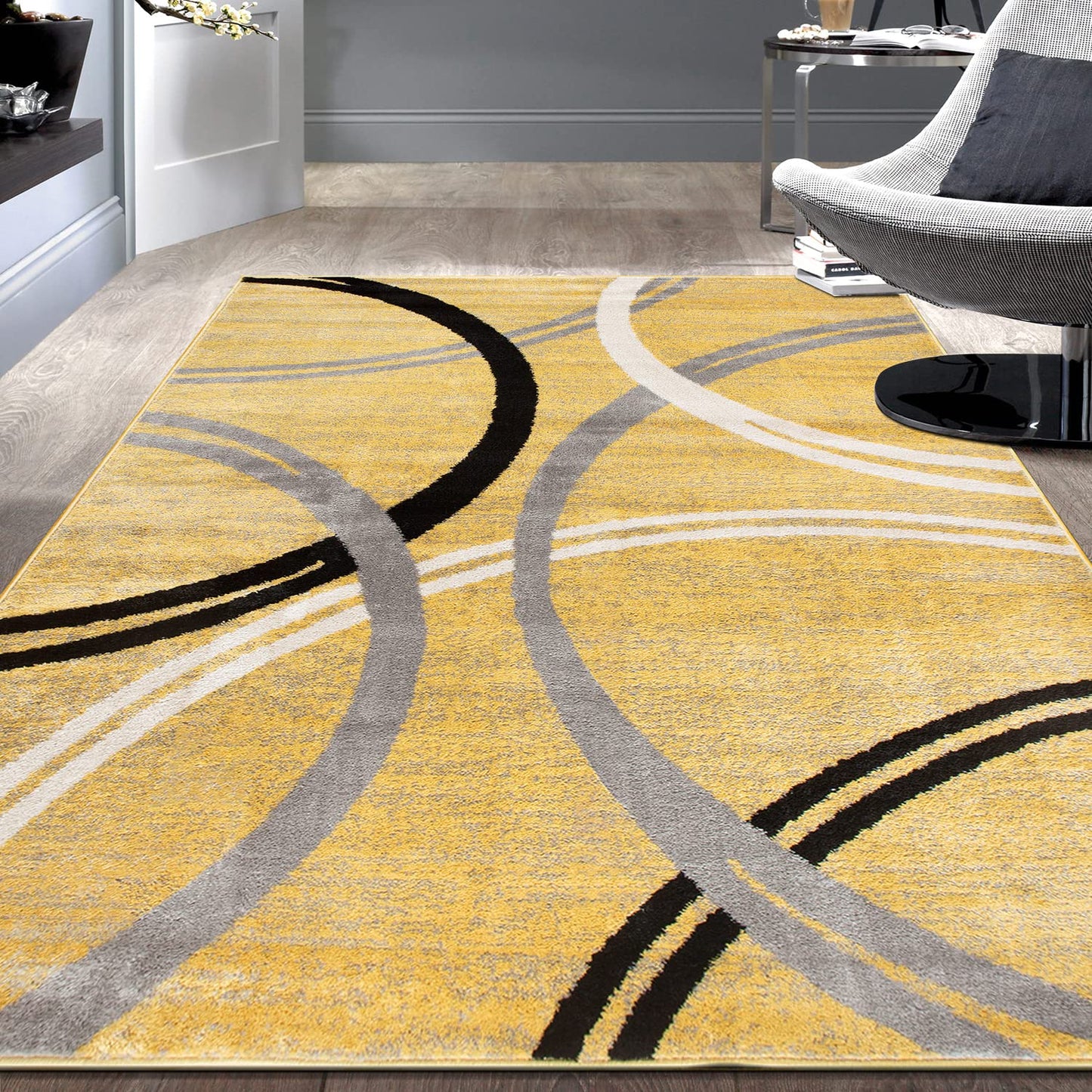 Rugshop Wavy Circles Design Area Rug, Carpet with Jute Backing for Living Room, Bedroom, or Dining Room, Yellow, 5'3" x 7'3"