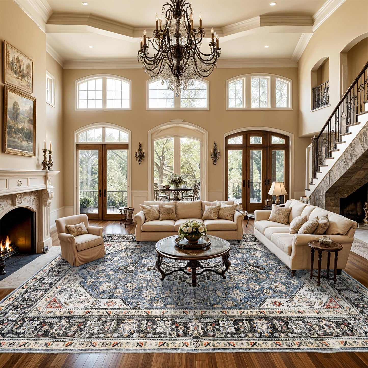 HILORUUG Living Room Area Rugs 10x14: Extra Large Area Rug Super Soft Distressed Oriental Rugs with Non-Slip Backing - Thin Stain Resistant Indoor Rug - 10x14 Navy Blue