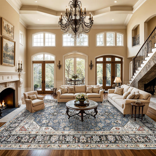 HILORUUG Living Room Area Rugs 10x14: Extra Large Area Rug Super Soft Distressed Oriental Rugs with Non-Slip Backing - Thin Stain Resistant Indoor Rug - 10x14 Navy Blue