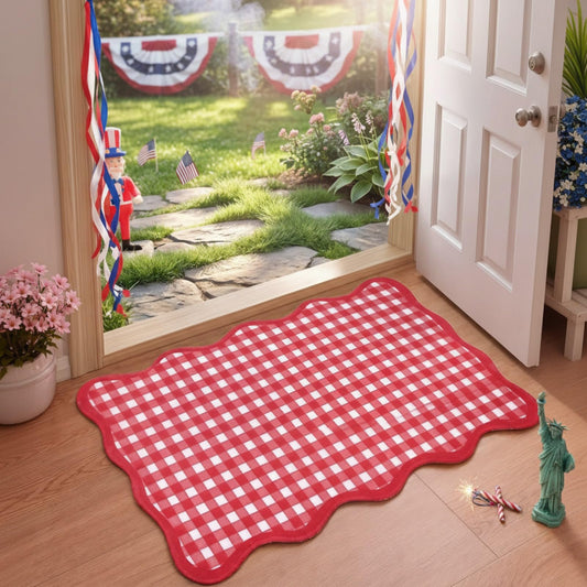 Breling Red and White Scalloped Plaid Entryway Rug 16.5 x 27.5 Buffalo Checkered Indoor Mat Washable Non-Slip Gingham Door Rug for Entryway Entrance Bedroom Kitchen Living Room Decor