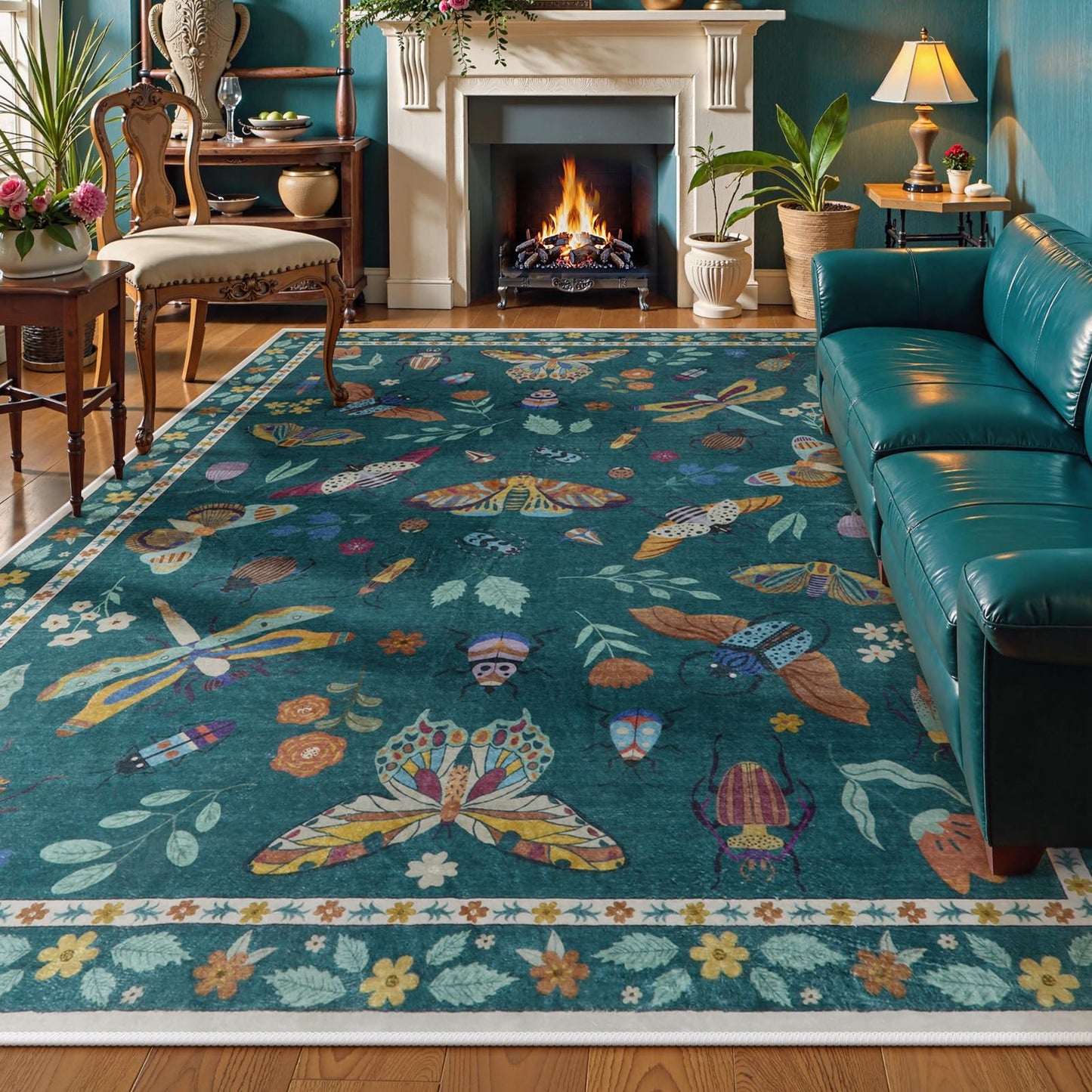 Lahome Insect Washable Rugs 8x10, Soft 8x10 Area Rugs for Living Room, Non Slip Bedroom Rug Under Bed Ultra-Thin Large Carpet for Dining Room Office Playroom Vionnet(8'x10',Dark Green)
