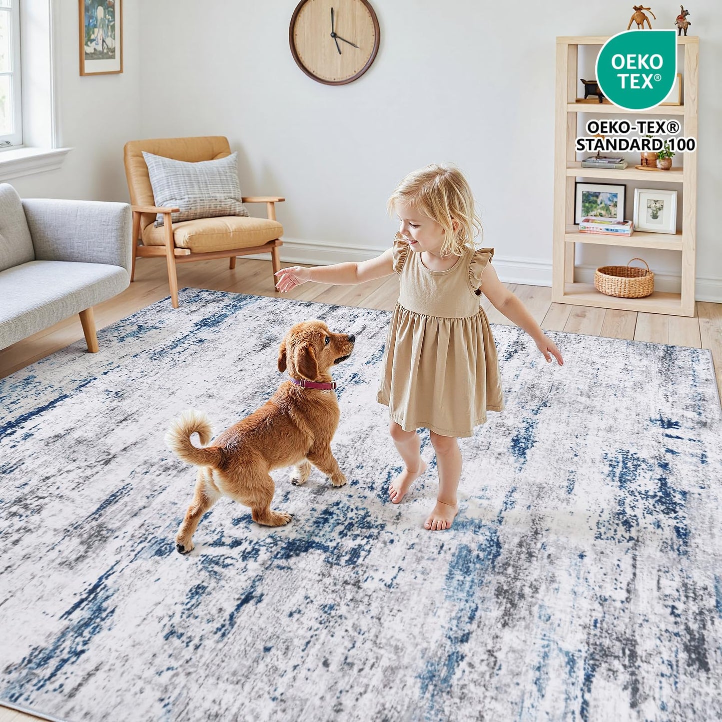 Area Rug Living Room Rugs: 5x7 Large Soft Indoor Carpet Modern Abstract Rug with Non Slip Rubber Backing for Under Dining Table Nursery Home Office Bedroom White Gray Blue