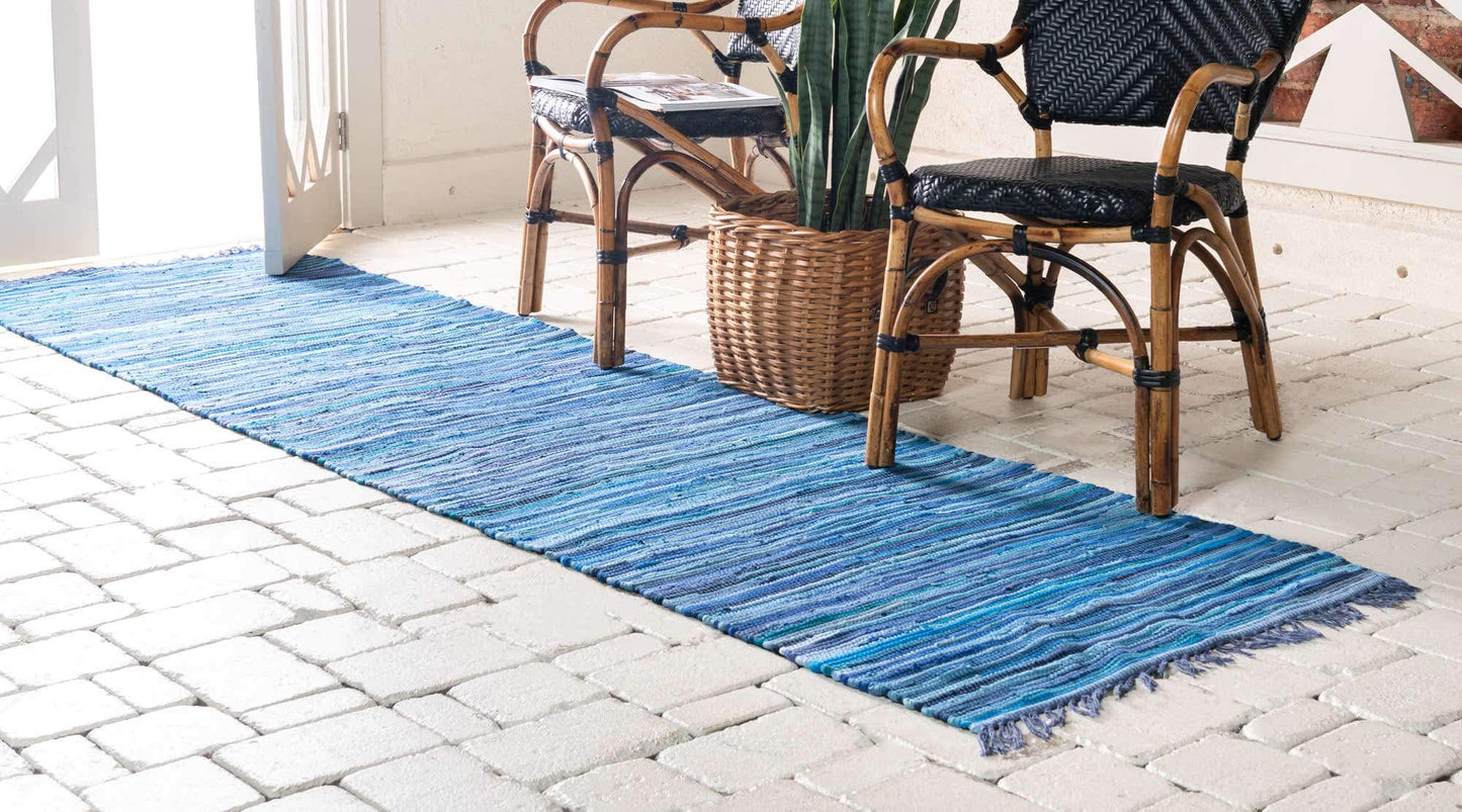 Unique Loom Chindi Cotton Collection Soft Hand Woven Natural Fiber Striped Area Rug, 2 ft 7 in x 9 ft 10 in, Navy Blue/Ivory