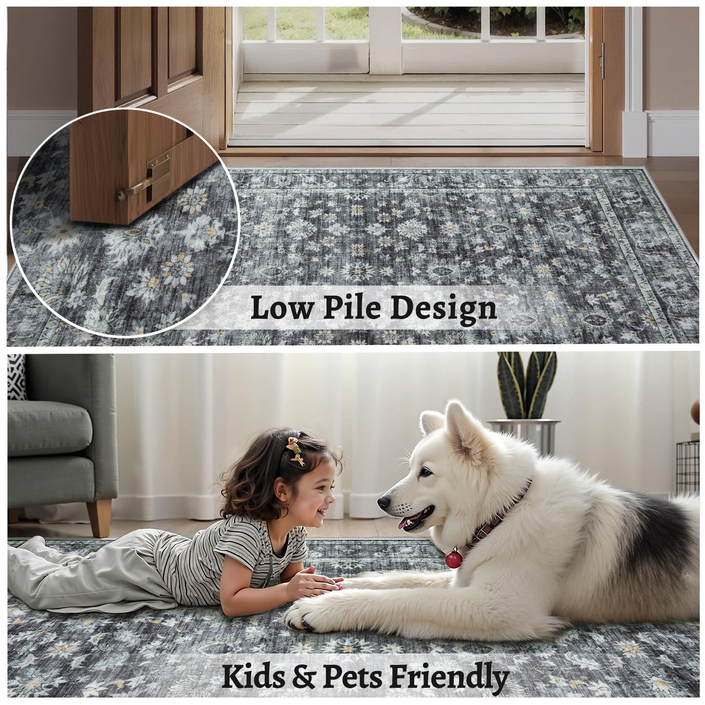 Ciicool Grey Floral Area Rugs 4x6 Washable Rug for Living Room Boho Indoor Non-Slip Carpet Soft Low Pile Bedroom Dining Room Rug Suitable for Playroom Laundry Office Home Decor