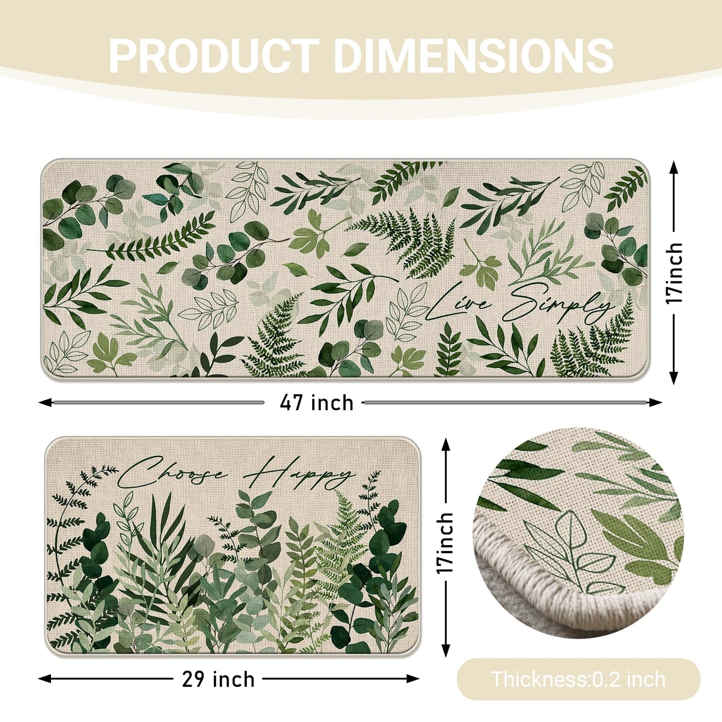 Livcoz Green Eucalyptus Leaves Botanical Kitchen Rugs Set of 2, Natural Plant Greenery Choose Happy Floor Mats Home Decor, Spring Summer Live Simply Door Mat Decorations - 17x29 and 17x47 Inches