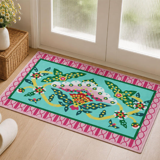 Jianhua Goddess 2x3 Entry Rug, Pink Peony Floral Pattern Series Inspired by Ku Shulan Paper-Cut, Machine Washable Indoor Floral Folk Art Accent Rug with Non-Slip Backing for Entryway, Bedside, Studio