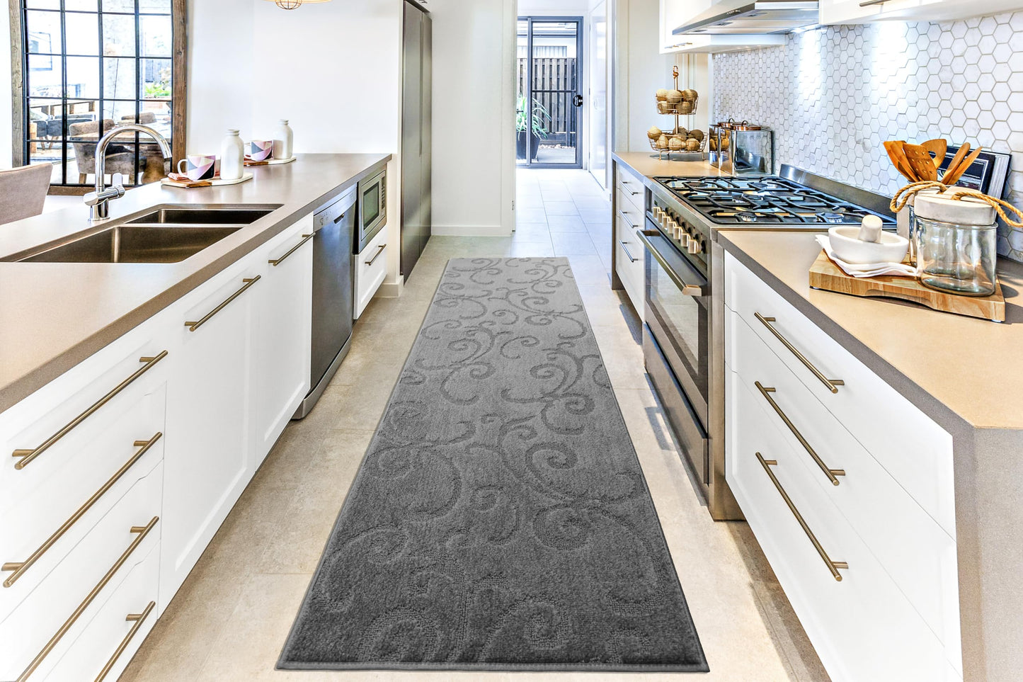 8 Ft Long Non-Slip Washable Carpet Runner Rug with Rubber Backing, 31" X 8' Custom Floor Mat for Kitchen Hallway Stairs Bedroom Bathroom Entryway, Your Choice of Length, Scroll Anthracite Dark Grey
