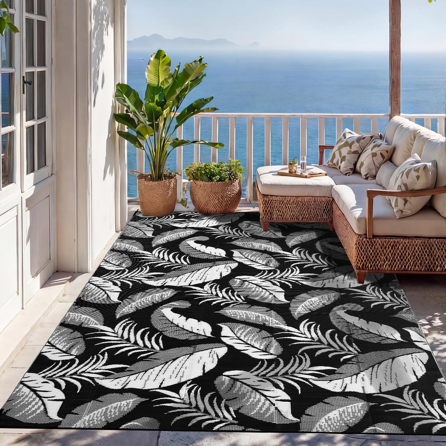 OPPODREAM Reversible Outdoor Rug 8x10, Waterproof Outdoor Plastic Straw Rug for Patio, Tropical Leaf RV Camping Rugs for Outside, Deck, Balcony, Porch, Backyard, Camping, Rv, Black and White
