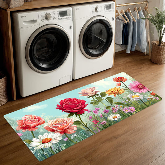 Watercolor Floral Laundry Room Rug 20x47 Inch – Rose & Daisy Garden Non Slip Runner Mat for Kitchen, Bathroom, Entryway and Farmhouse Home Decor