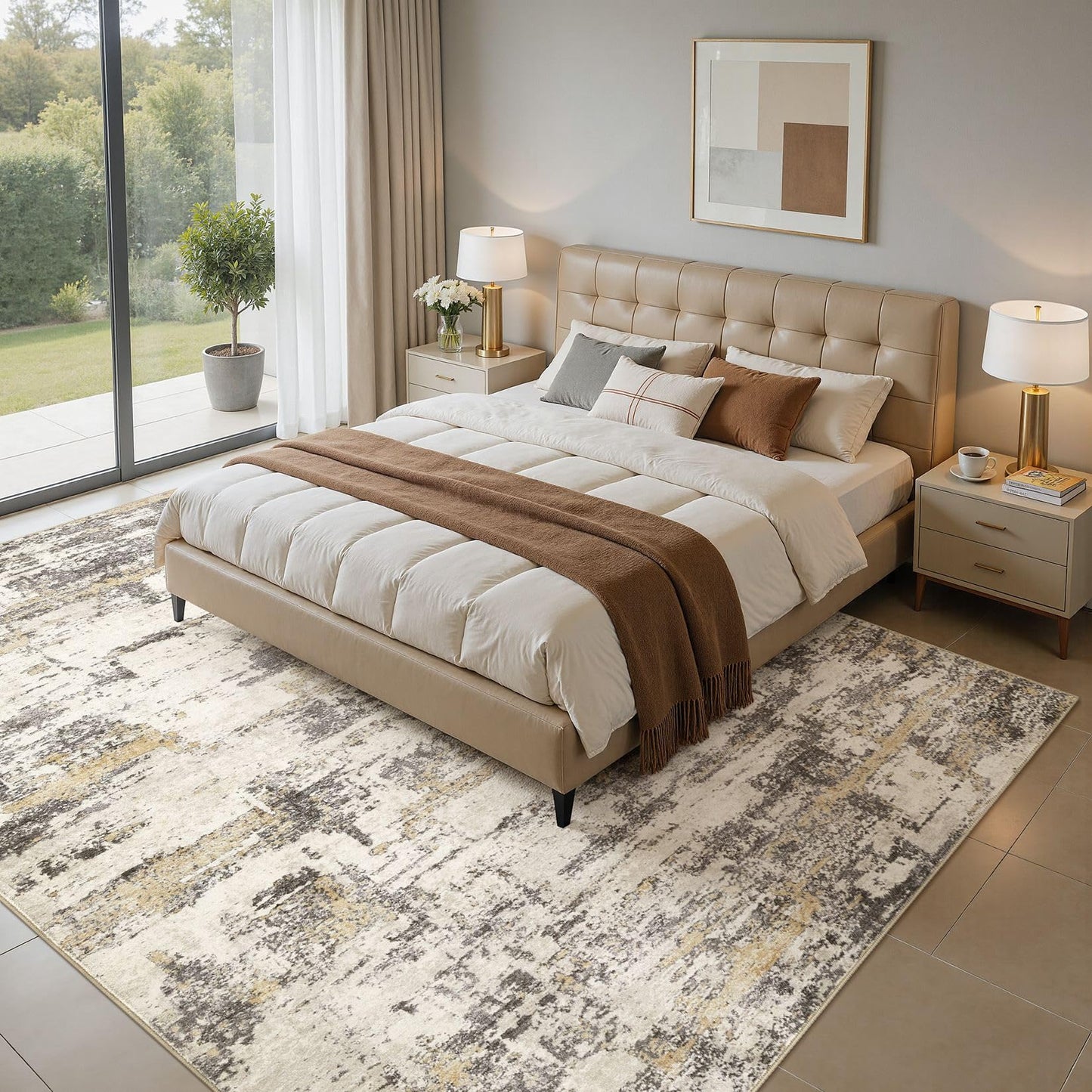 Area Rugs for Living Room: 5x7 Abstract Washable Rug Modern Neutral Large Soft Stain Resistant Non-Slip Backing Machine Table for Bedroom Dining Room Indoor Home Office Carpet - Gold Brown