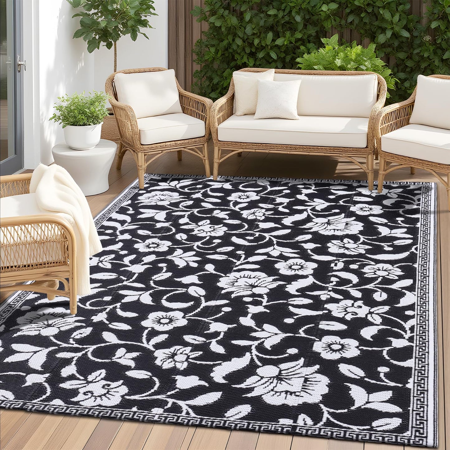 OLANLY Waterproof Outdoor Rug 4x6 ft, Outdoor Plastic Straw Rug with Flower Pattern, Reversible RV Mat for Patio, Camping, Balcony, Deck, Backyard, Black & White