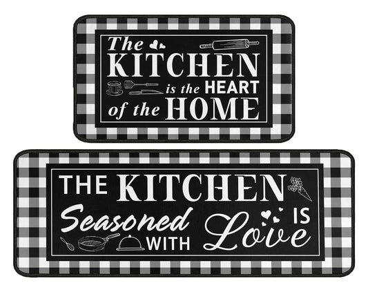 2 Piece Buffalo Plaid Black and White Kitchen Rug Set, Home Kitchen Sink Rugs and Mats Non Skid Washable Absorbent Microfiber Kitchen Floor Decor Carpet 17" x 47"+17" x 30" Tapetes para Cocina