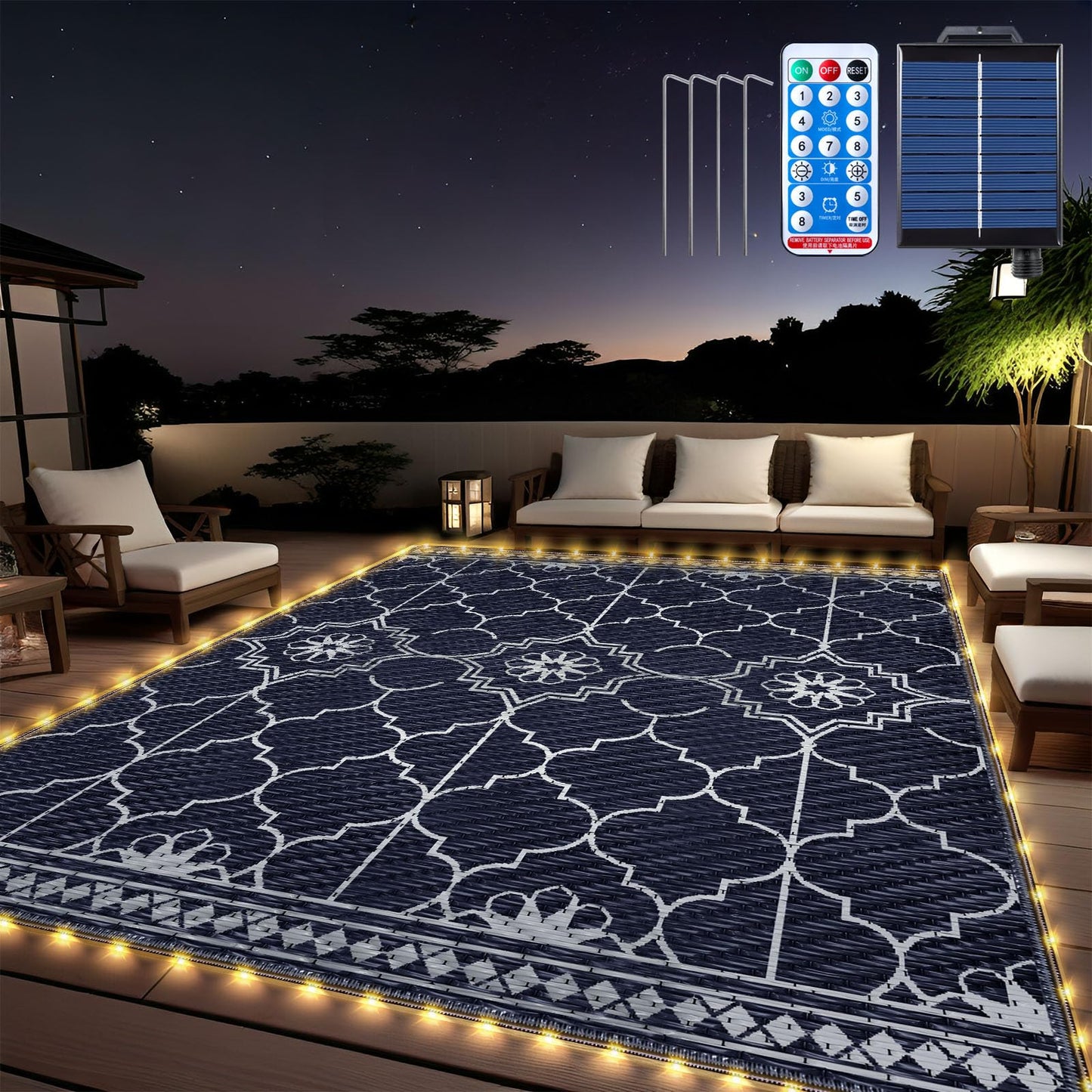 Lighted Outdoor Rug 8x10 ft, Solar Powered Patio Rug with 113 LED Lights, Waterproof Plastic Reversible Outdoor Straw Rugs, Rugs Mat for House Deck RV Camping Patio Beach Balcony Picnic (Blue White)