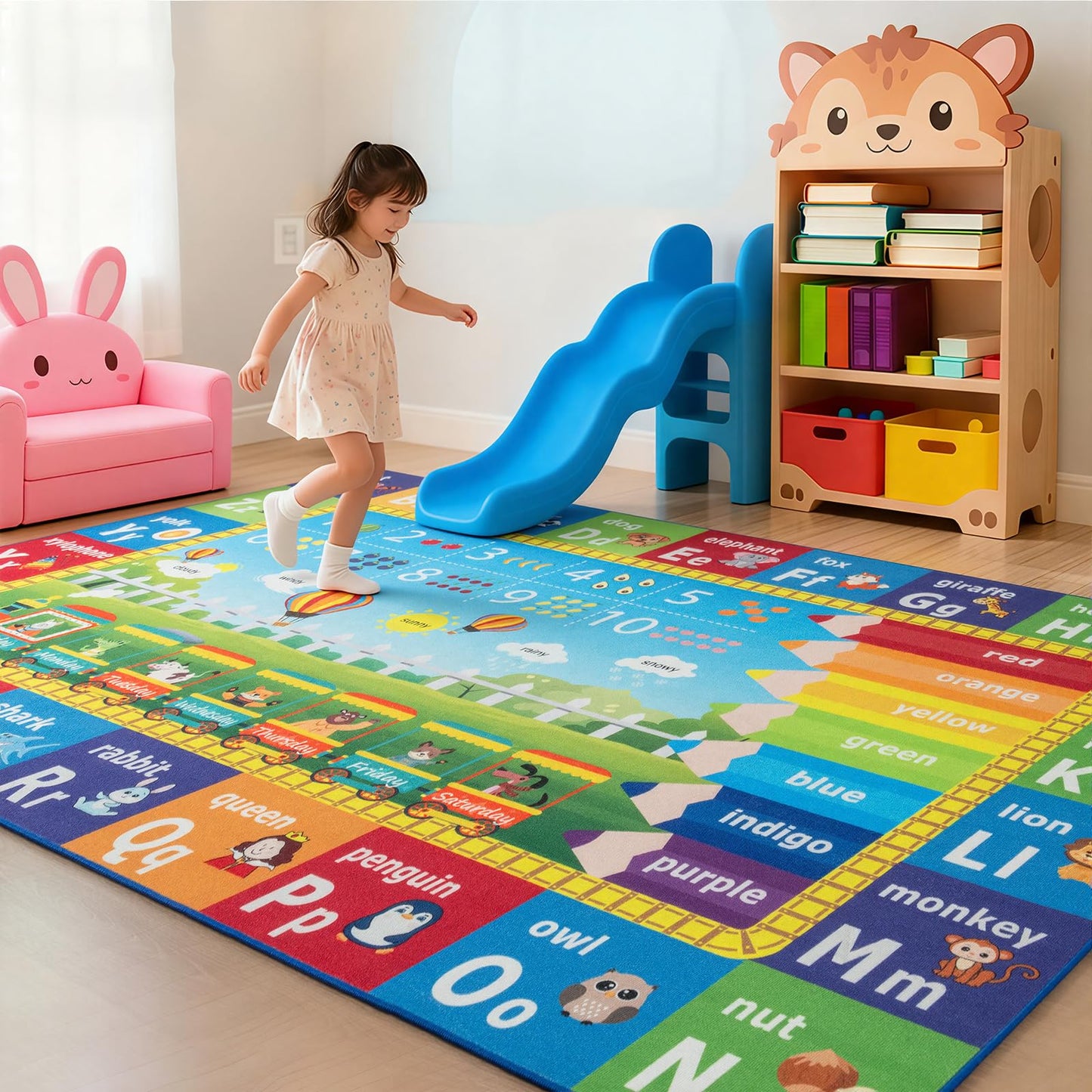 ST. BRIDGE Educational Kids Rug for Playroom 4x6 Feet, Non Slip Play Mat with ABC Alphabet, Numbers & Animals for Toddler Preschool Nursery Classroom, Soft Washable Area Rug for Early Learning