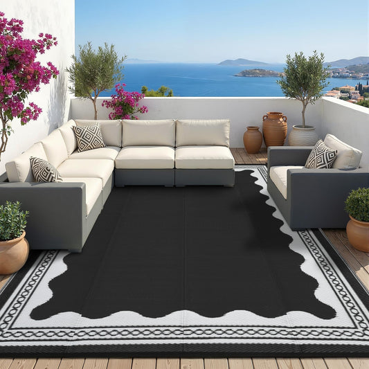 Garvee Outdoor Rug 8x10 Scalloped Waterproof Patio RV Outdoor Rugs Reversible Foldable Plastic Straw Rug Modern Camping Carpet for Deck Camper Porch Balcony Backyard Picnic Beach Black and White