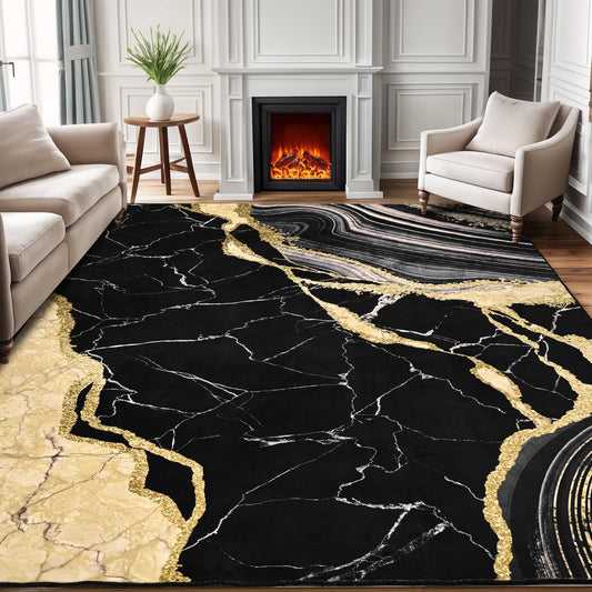 ASPMIZ Marble Area Rug 5x7 Washable Rugs for Bedroom, Soft Faux Wool Black and Gold Living Room Rugs Non Slip Modern Floor Carpet Low Profile Large Throw Rug for Dining Room Home Office Decor