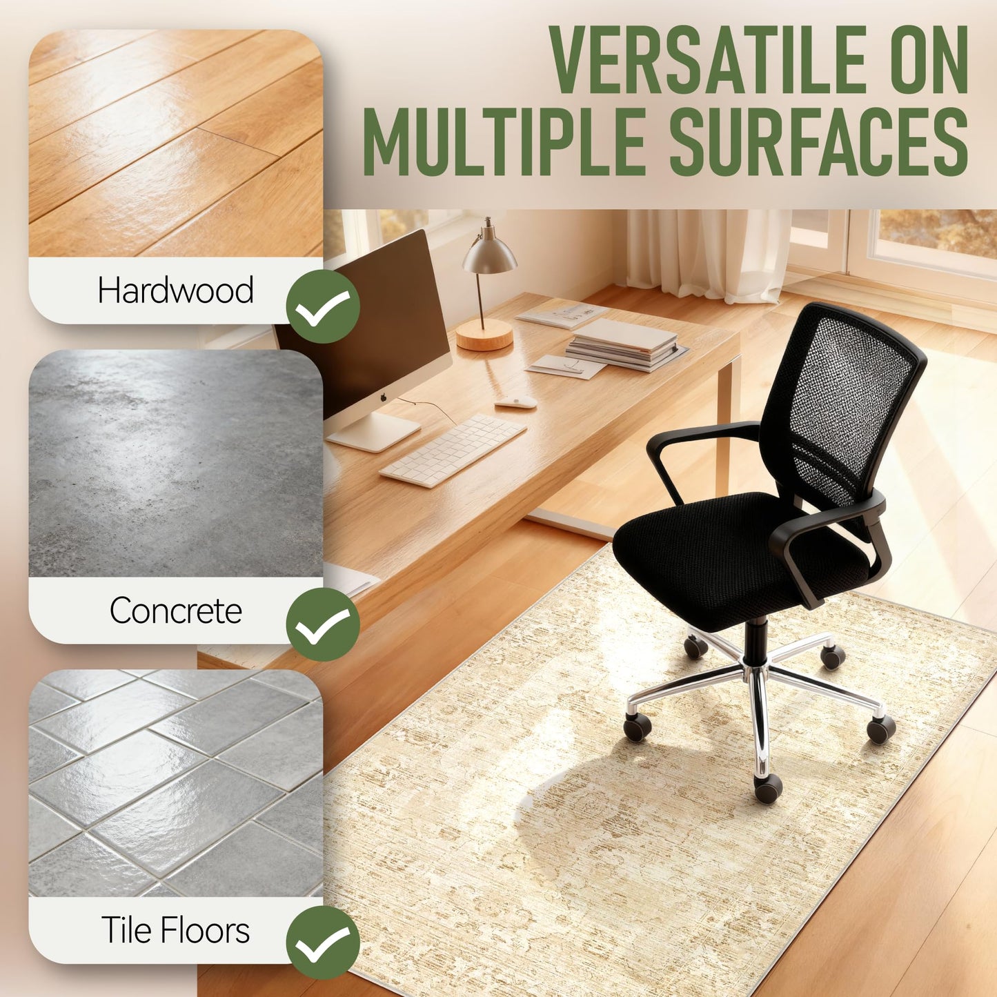 Office Chair Mat for Hardwood Floor, 36"x48" Desk Chair Mat for Home Office, Non-Slip Under Desk Mat Rug for Rolling Chair,Washable Rugs for Gaming Chairs-Beige