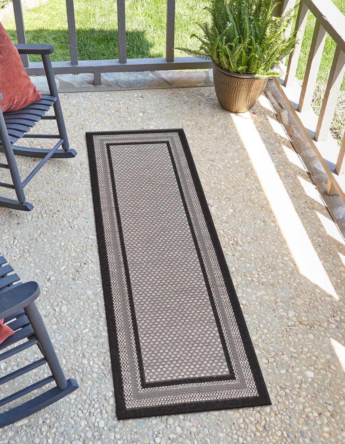 Unique Loom Outdoor Border Collection Area Rug - Multi Border (2' x 8' Runner Gray/Black)