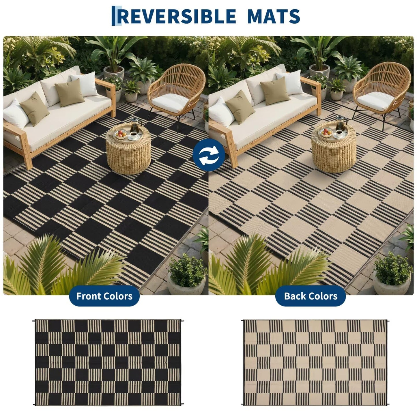 Garvee Waterproof Outdoor Rug 5x8, Checkered Foldable Plastic Straw Patio Camping Rug, Outdoor RV Carpet for Deck Camper Porch Balcony Backyard Picnic Beach Black and Brown