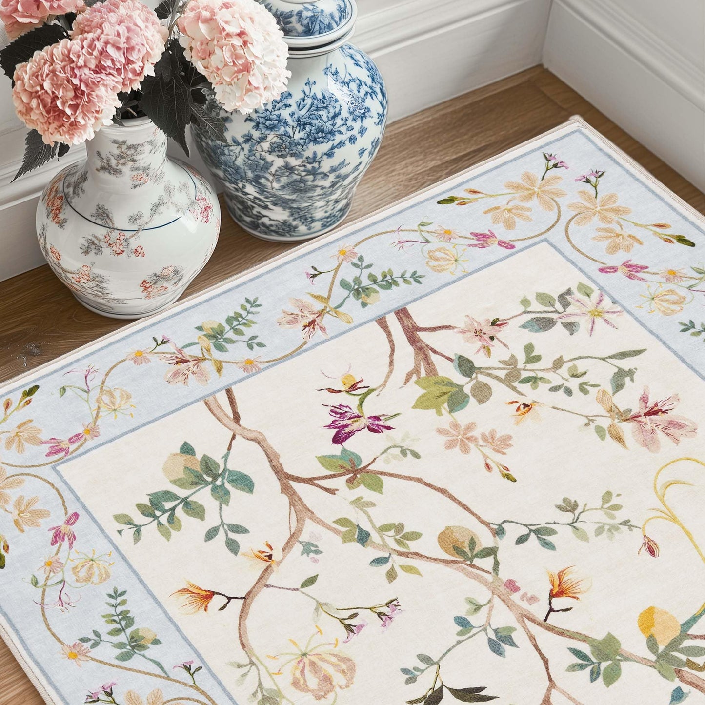 jinchan Floraison Hallway Runner 2x6 Multi Floral Soft Machine Washable Rug Non Slip Low Pile Boho Stain Resistant Botanical Rugs for Bedroom Kitchen Floor Living Room Beige/Blue