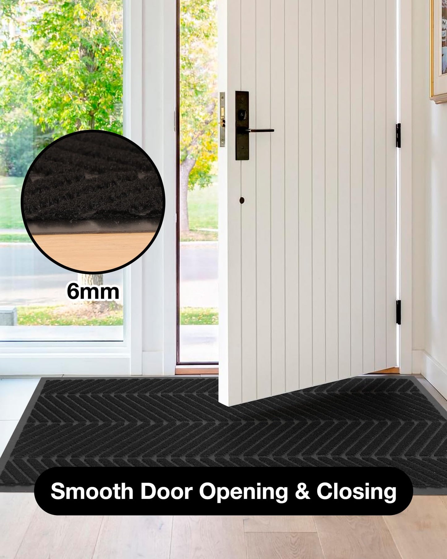 2′ x 6′ Heavy Duty Front Door Mat Indoor Outdoor Entrance, Easy Clean Non-Slip All Weather Commercial Floor Mat for Entryway, No Curling Waterproof Vinyl Welcome Mat (Black)