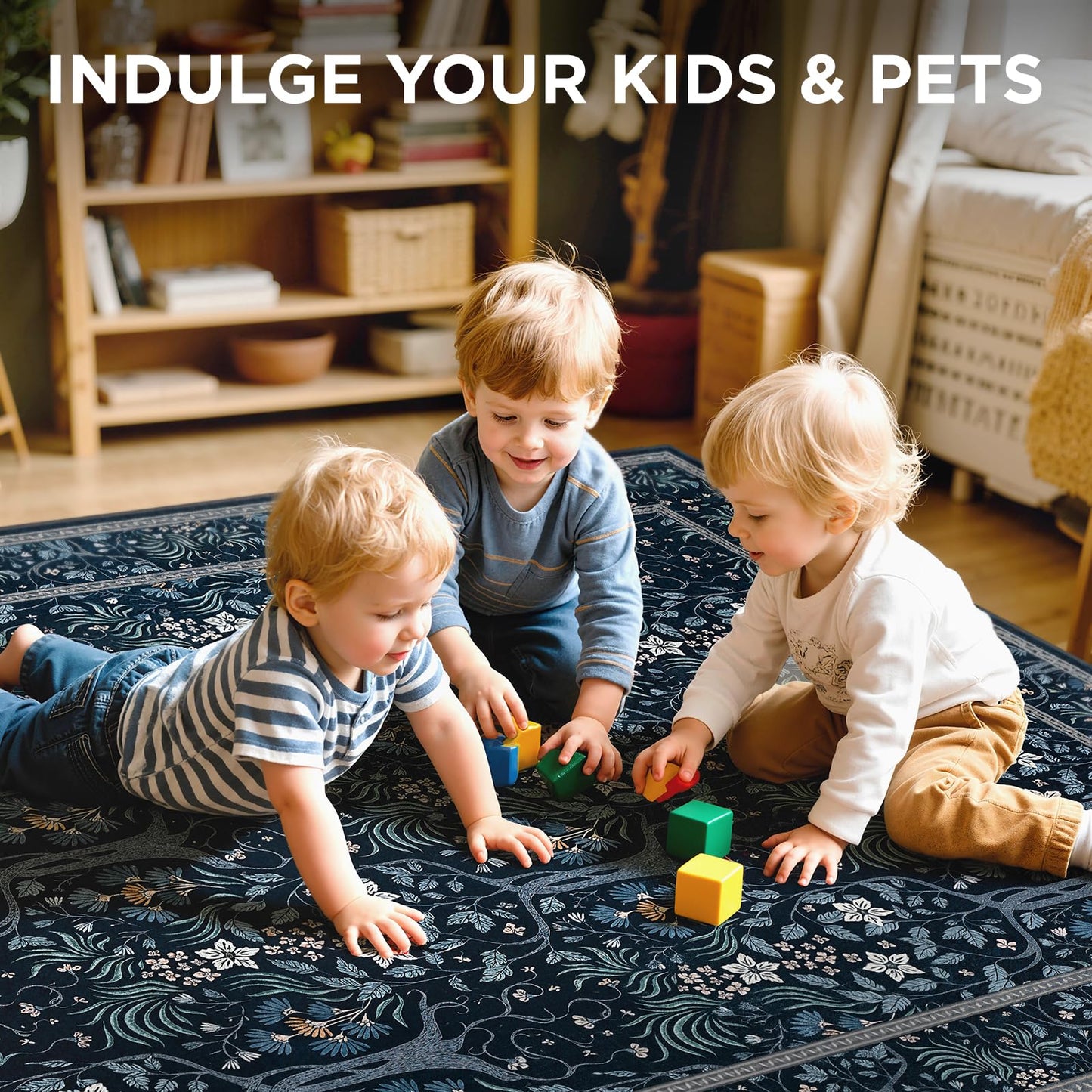 Joydeco Machine Washable Area Rugs 5x7, Boho Floral Rug for Bedroom Non Slip, Soft Forest Botanical Low-Pile Floor Indoor Throw Carpet for Living Dining Room Dorm Office, Blue-Black