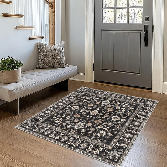 Washable 3x3 Square Rug for Entry Bathroom Kitchen Bedroom Carpet - Non Slip Low Pile Soft Throw Door mat - Protect Hardwood and Laminate Flooring Floral Farmhouse Decor 3x3 Black