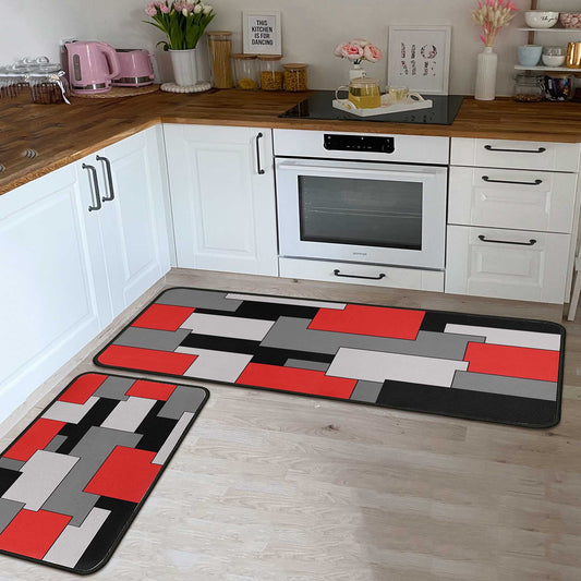 Kitchen Rugs Set of 2- Red, Black, and Grey Modern Geometric Non-Slip Washable Floor Mats - Comfort Sink and Laundry Room Runner - Contemporary Abstract Art Design Decor 17x47.2 and 17x30 inches