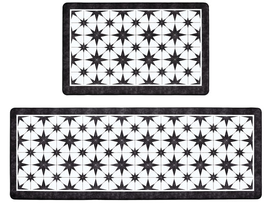 OnesCosy Black Kitchen Rugs Set of 2, Anti Fatigue Mats for Kitchen Floor, Waterproof Cushioned Rug, Non Slip Memory Foam Standing Mat for Sink, Stove, Laundry, Star Tile, 17.3"x27.6"+17.3"x47.2"