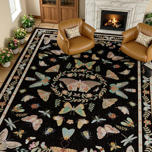 Unirea 8x10 Black Area Rug for Living Room Bedroom Under Bed, Large Washable Boho Insect Bug Rug, Non Silp Dining Room Under Table, Thin Soft Low Pile Stain Resistant Carpet for Home Office