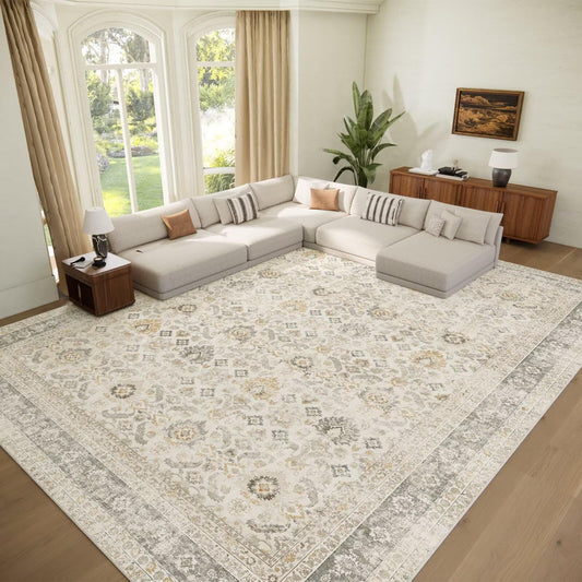 Hedwior Washable 9x12 Area Rugs for Living Room, Boho Non-Slip Vintage Distress Lager Rugs for Bedroom Dining Room Nursery Office, 0.3" Neutral Oriental Throw Thin Carpet, Grey/Beige/Multi, C2