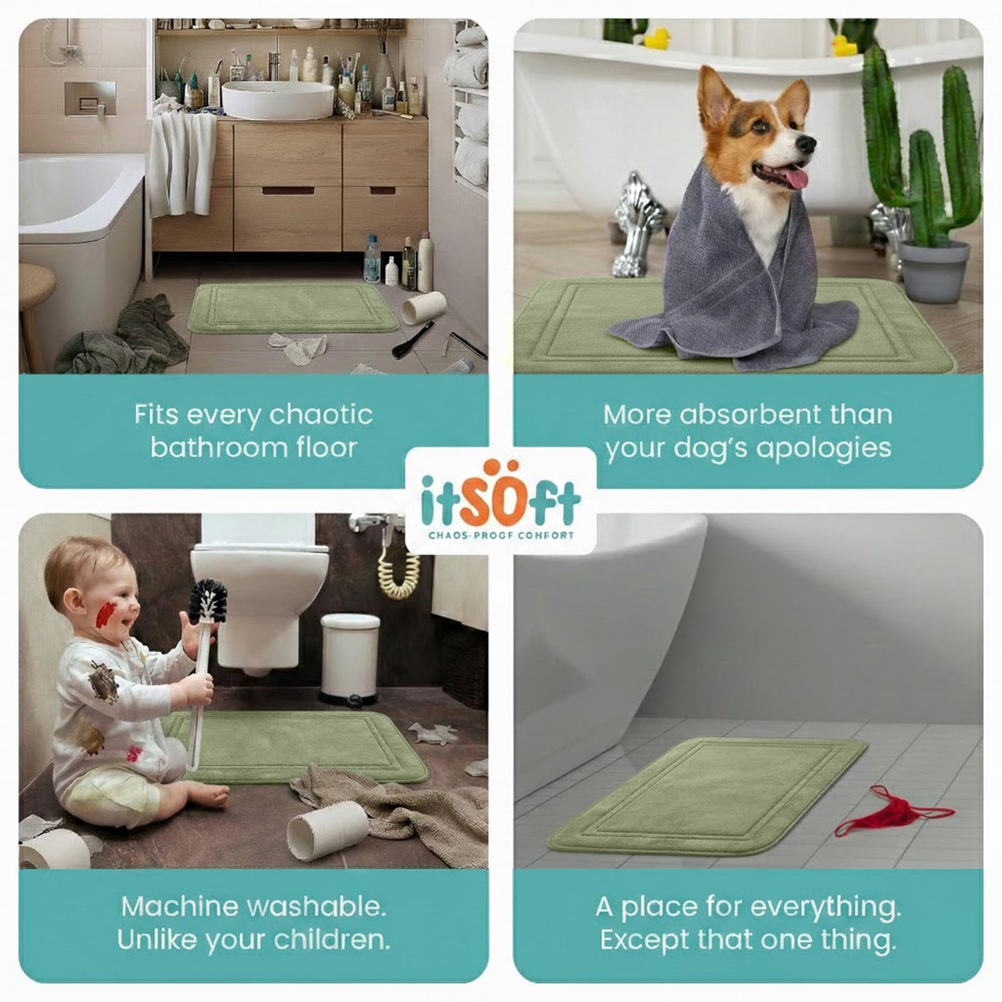 ITSOFT Memory Foam Bath Mat 31x20, Non Slip, Machine Washable, Quick Dry & Absorbent Rugs, Bath Mats for Bathroom Floor, Tub & Shower, Bathroom Rug, Sage Green