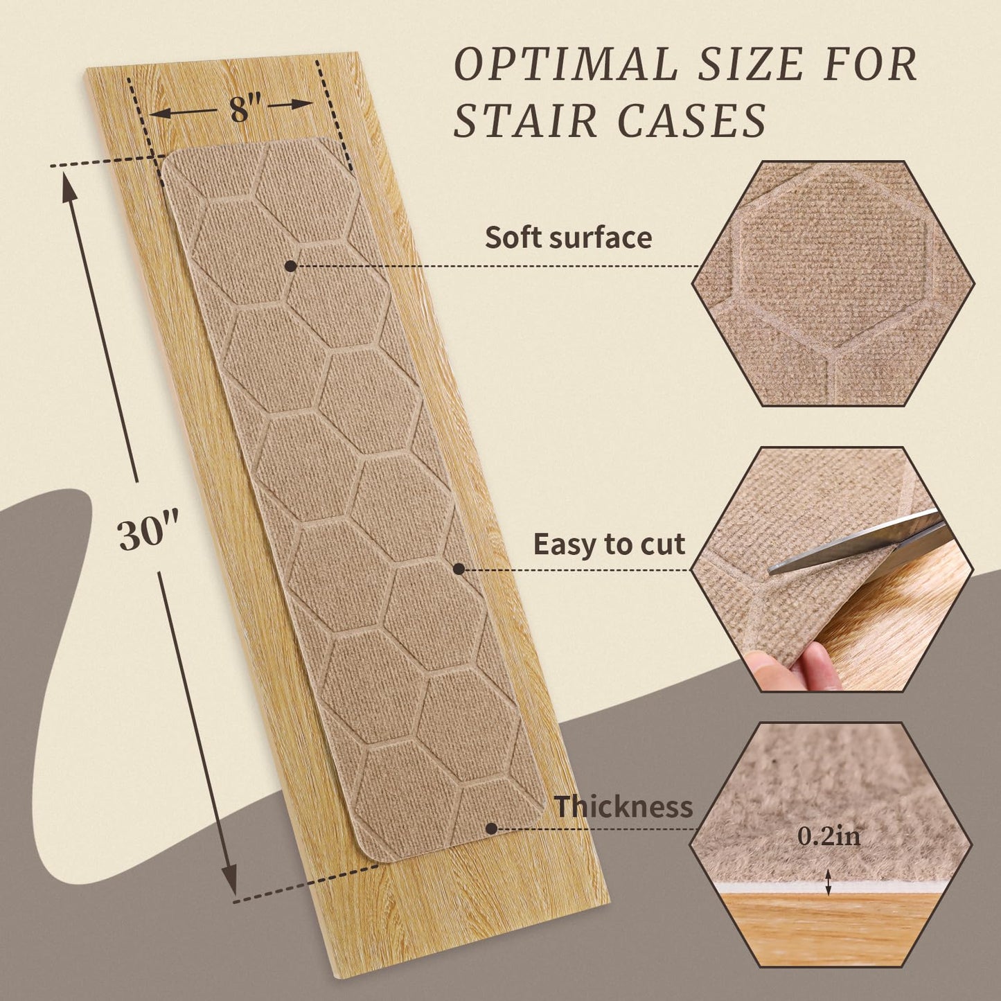 MATAHUM Stair Treads Non Slip, 15 Pack 8" * 30" Beige Stair Treads for Wooden Steps Indoor, Clipped and Assembled Stair Rugs for Kids Elders Dogs